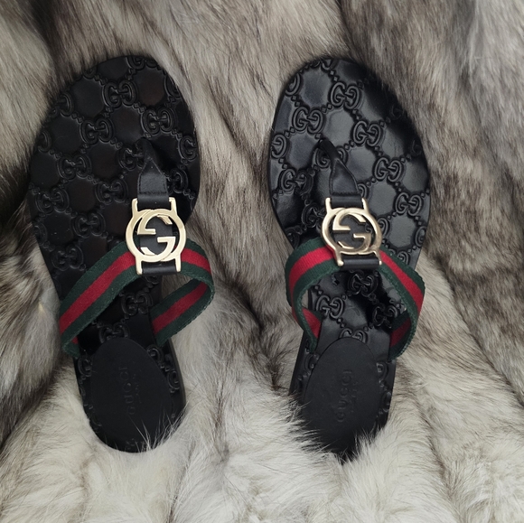 Gucci Interlocking Double G Logo Thong Flip Flap Sandals Guccissima Sz 34 IT - Picture 12 of 17
